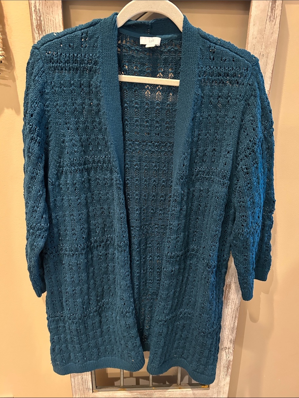 J. Jill Teal Crochet Open Front Cardigan
